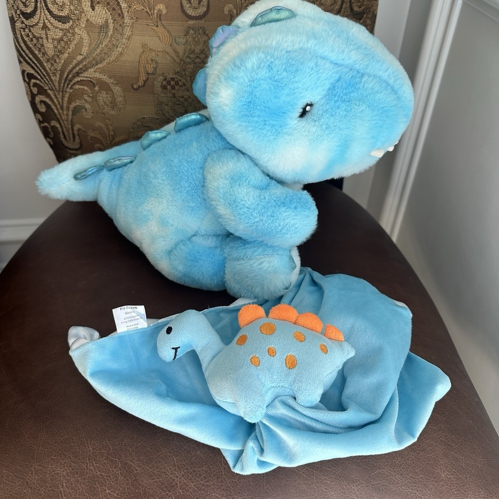 FAO Schwarz Dinosaur Plush w Soft‎ Baby Lovey Security Blanket Blue Orange Video